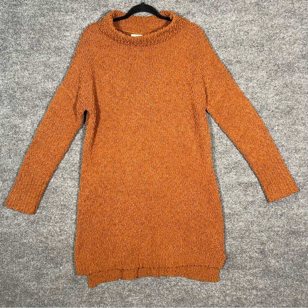 Umgee Women’s Medium Brown Orange Teddy Textured 3D Knit Long Sleeve Tunic Dress
